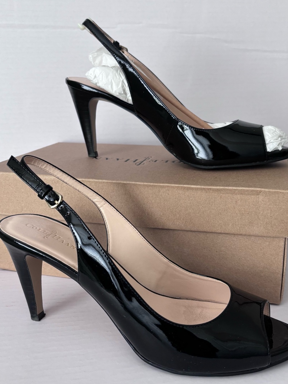 Cole Haan Black Patent Slingback Peep Toe Heels